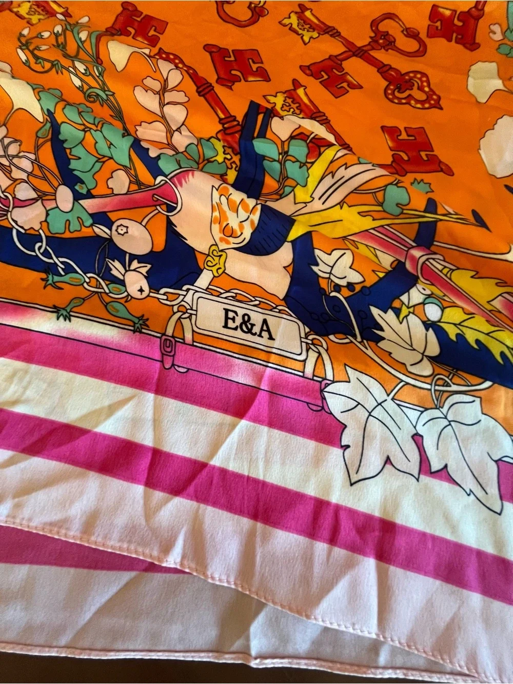 Vibrant Orange & Pink Illustrated Silk Scarf 100% silk E& A